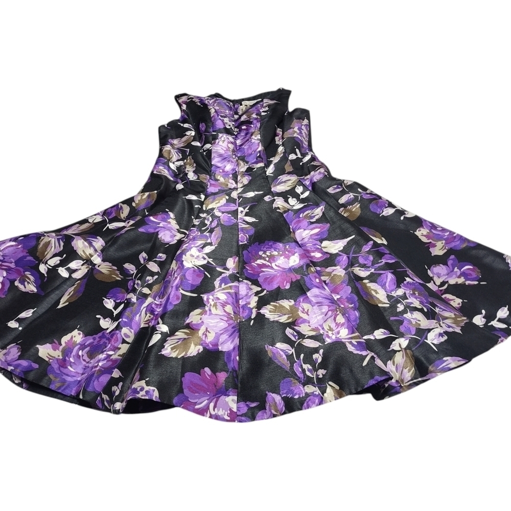 DB Established 1962 Size 4 Purple Floral Black Satin Sleeveless Flare Dress NWT - Picture 3 of 10